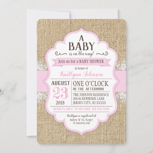 Rustieke Burlap Kant Roze Baby shower Uitnodiging (Voorkant)