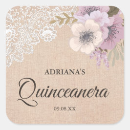 Rustieke Burlap Kant Roze Bloemen Quinceanera Stic Vierkante Sticker