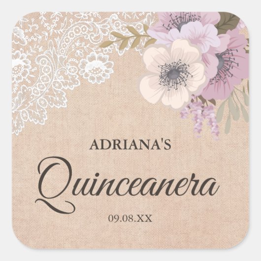 Rustieke Burlap Kant Roze Bloemen Quinceanera Stic Vierkante Sticker (Voorkant)