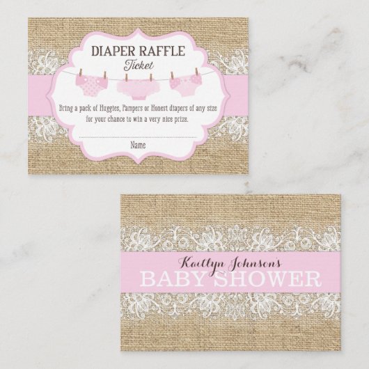 Rustieke Burlap Kant Roze Meisje Luier Raffle Tick Informatiekaartje (Voorkant / Achterkant)