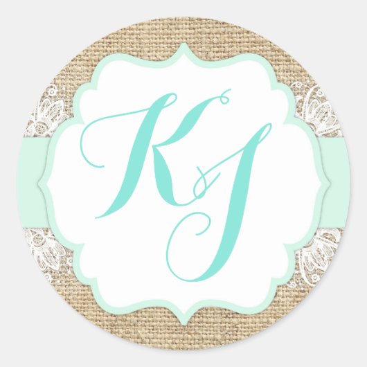 Rustieke Burlap Kant Seafoam Baby shower Monogram Ronde Sticker (Voorkant)
