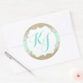Rustieke Burlap Kant Seafoam Baby shower Monogram Ronde Sticker (Envelop)