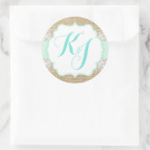 Rustieke Burlap Kant Seafoam Baby shower Monogram Ronde Sticker (Tas)