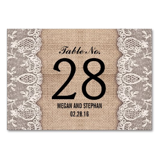 Rustieke burlap kant trouwtafel nummer kaarten (Achterkant)