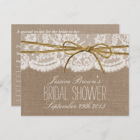 Rustieke Burlap Kant Twine Bow Vrijgezellenfeest R Uitnodiging Briefkaart (Voorkant / Achterkant)