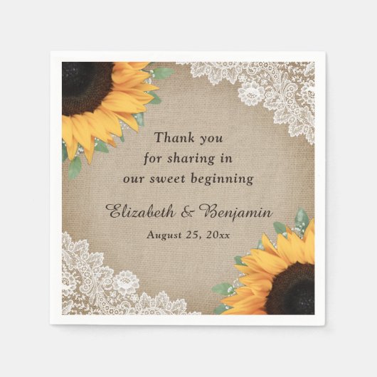 Rustieke  Burlap Kant Zonnebloem Bruiloft Servet (Voorkant)