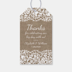 Rustieke Burlap & kanten bruiloft dank u Cadeaulabel