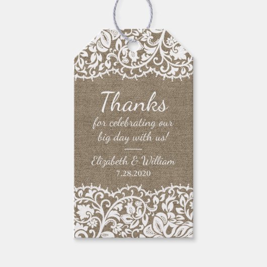 Rustieke Burlap &  kanten bruiloft dank u Cadeaulabel (Voorkant)