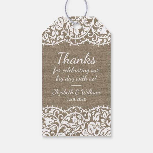 Rustieke Burlap &  kanten bruiloft dank u Cadeaulabel (Achterkant)