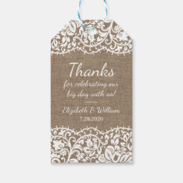 Rustieke Burlap &  kanten bruiloft dank u Cadeaulabel