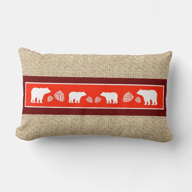 Rustieke burlap kastanjebruin rood beer pinecone k kussen (Voorkant)