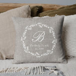 Rustieke burlap krans aangepaste monogram familien kussen<br><div class="desc">Op maat ontworpen decoratief kussen met boerderij stijl krans met gepersonaliseerd monogram en familienaam.</div>