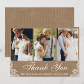 Rustieke Burlap Lace 3 foto bruiloft dank u Bedankkaart (Voorkant / Achterkant)