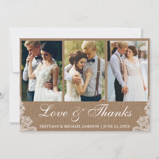 Rustieke Burlap Lace 3 Foto Liefde en Bedankt (Voorkant)