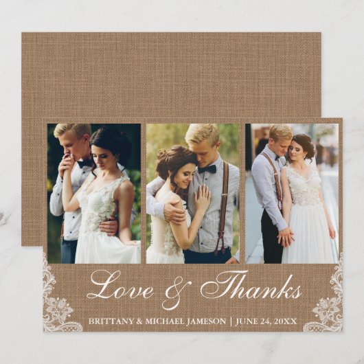 Rustieke Burlap Lace 3 Foto Liefde en Bedankt (Voorkant / Achterkant)