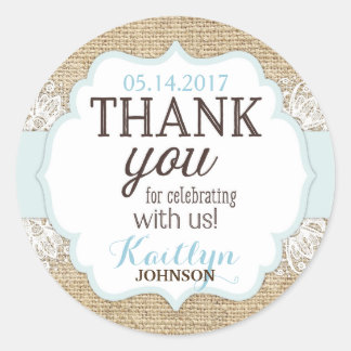 Rustieke Burlap Lace Blue Boy Dank je Ronde Sticker