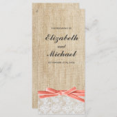 Rustieke Burlap Lace Coral Ribbon Trouwprogramma Programmakaart (Voorkant / Achterkant)