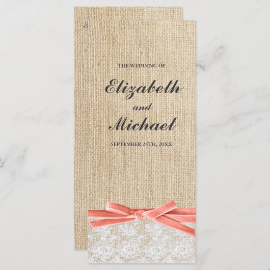 Rustieke Burlap Lace Coral Ribbon Trouwprogramma Programmakaart (Voorkant / Achterkant)