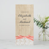 Rustieke Burlap Lace Coral Ribbon Trouwprogramma Programmakaart (Staand voorkant)