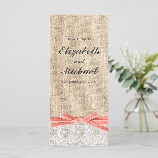 Rustieke Burlap Lace Coral Ribbon Trouwprogramma Programmakaart (Staand voorkant)
