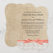 Rustieke Burlap Lace Coral Ribbon Wedding Kaart (Voorkant / Achterkant)