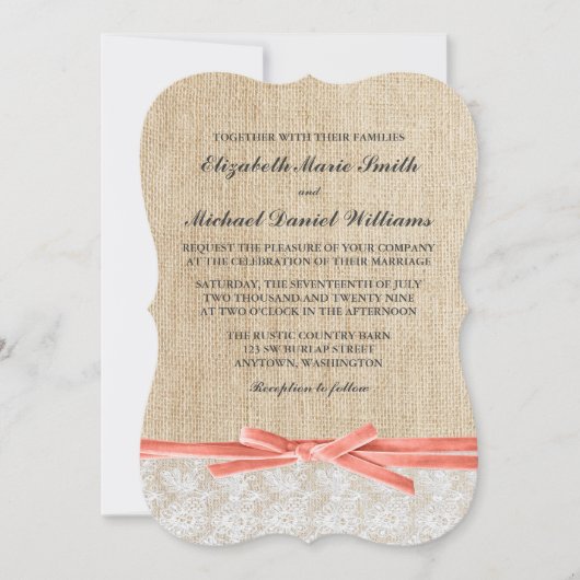 Rustieke Burlap Lace Coral Ribbon Wedding Kaart (Voorkant)