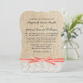 Rustieke Burlap Lace Coral Ribbon Wedding Kaart (Staand voorkant)