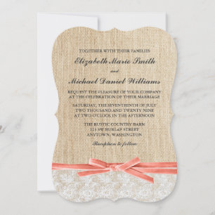 Rustieke Burlap Lace Coral Ribbon Wedding Kaart