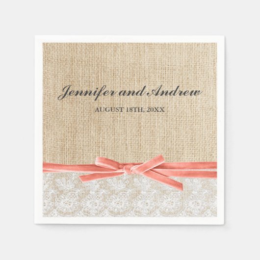 Rustieke Burlap Lace Coral Ribbon Wedding Servetten (Voorkant)
