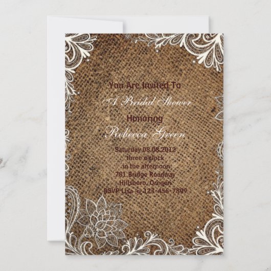 Rustieke Burlap Lace Country Bruids Tea Party Kaart (Achterkant)