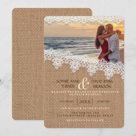 Rustieke Burlap Lace foto bruiloft uitnodiging (Voorkant / Achterkant)