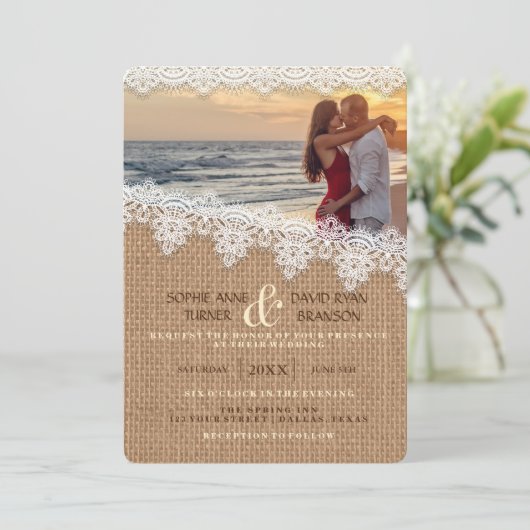 Rustieke Burlap Lace foto bruiloft uitnodiging (Staand voorkant)