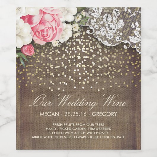 Rustieke Burlap Lace Gold Confetti en bloemen Wijn Etiket (Enkel label)