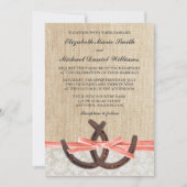Rustieke Burlap Lace Hoefijzer Coral Ribbon Weddin Kaart (Voorkant)