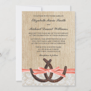 Rustieke Burlap Lace Hoefijzer Coral Ribbon Weddin Kaart