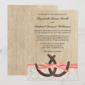 Rustieke Burlap Lace Hoefijzer Coral Ribbon Weddin Kaart (Voorkant / Achterkant)