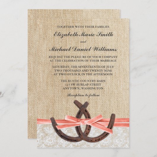 Rustieke Burlap Lace Hoefijzer Coral Ribbon Weddin Kaart (Voorkant / Achterkant)