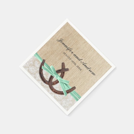 Rustieke Burlap Lace Hoefijzer Mint Ribbon Wedding Servetten (Hoek)