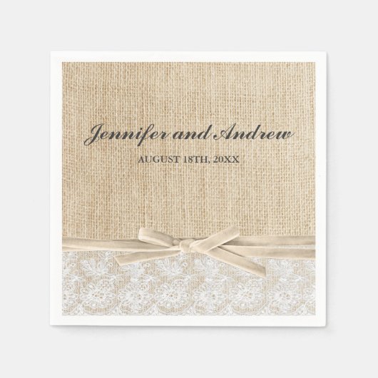 Rustieke Burlap Lace Ivory Ribbon Wedding Servet (Voorkant)