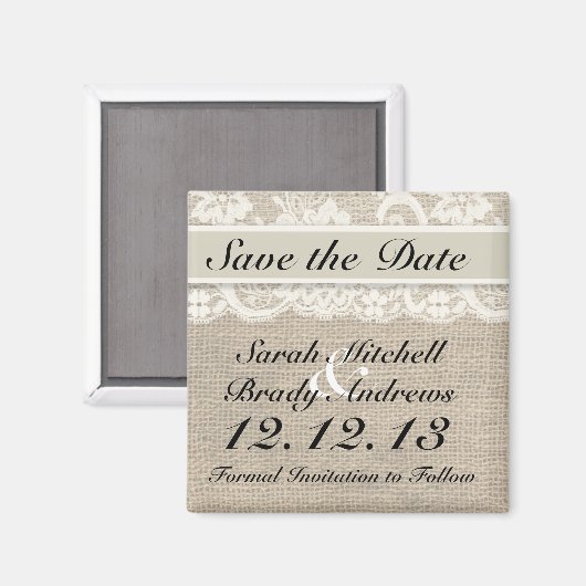Rustieke Burlap Lace Ivory Save the Date Magnet (Voorkant / Achterkant)