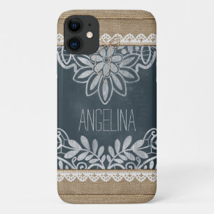 Rustieke Burlap Lace krijtbord gepersonaliseerd iPhone 11 Hoesje