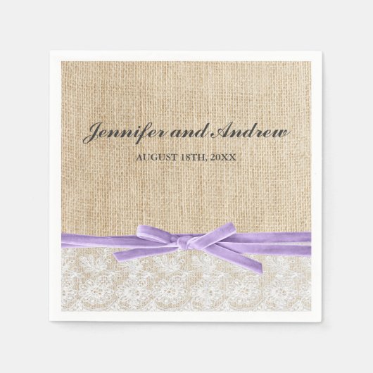 Rustieke Burlap Lace Lavender Ribbon Wedding Servetten (Voorkant)