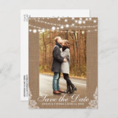 Rustieke Burlap Lace Lights Bewaar de datum Terug  Aankondigingskaart (Voorkant / Achterkant)