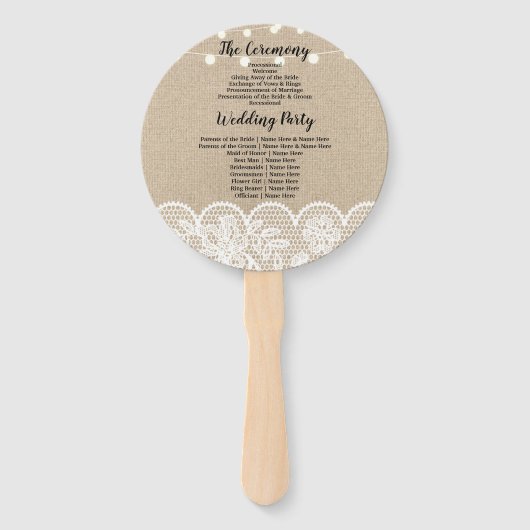 Rustieke Burlap Lace Lights Trouwprogramma Fan Handwaaier (Achterkant)