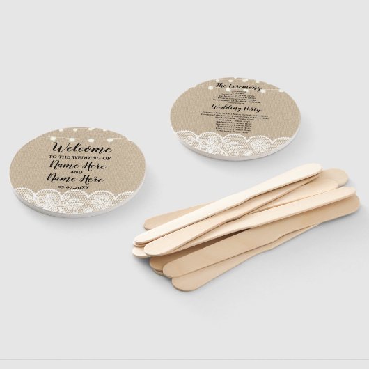 Rustieke Burlap Lace Lights Trouwprogramma Fan Handwaaier (Niet-gemonteerd)