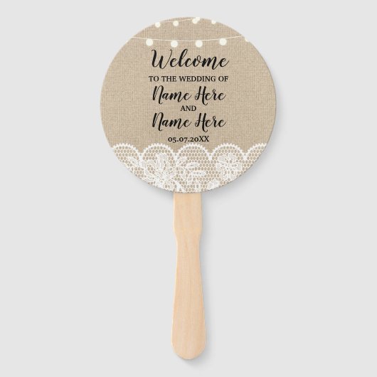 Rustieke Burlap Lace Lights Trouwprogramma Fan Handwaaier (Voorkant)