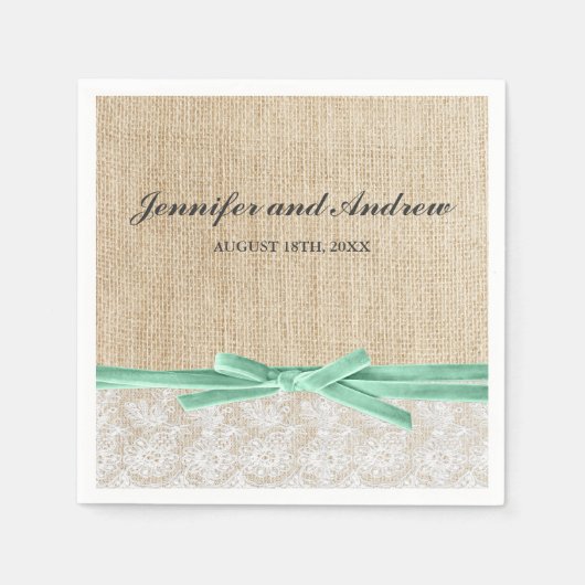 Rustieke Burlap Lace Mint Ribbon Wedding Servet (Voorkant)