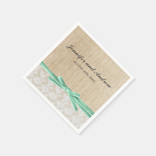 Rustieke Burlap Lace Mint Ribbon Wedding Servet (Hoek)