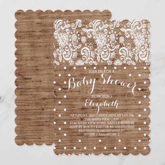 Rustieke Burlap Lace Neutral Baby shower Invitatio Kaart (Voorkant / Achterkant)