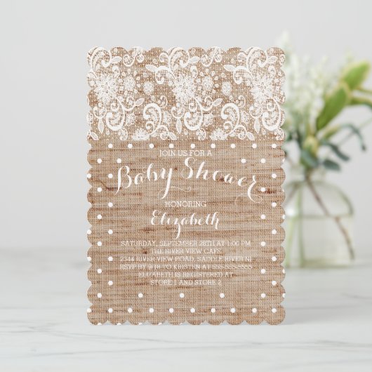 Rustieke Burlap Lace Neutral Baby shower Invitatio Kaart (Staand voorkant)